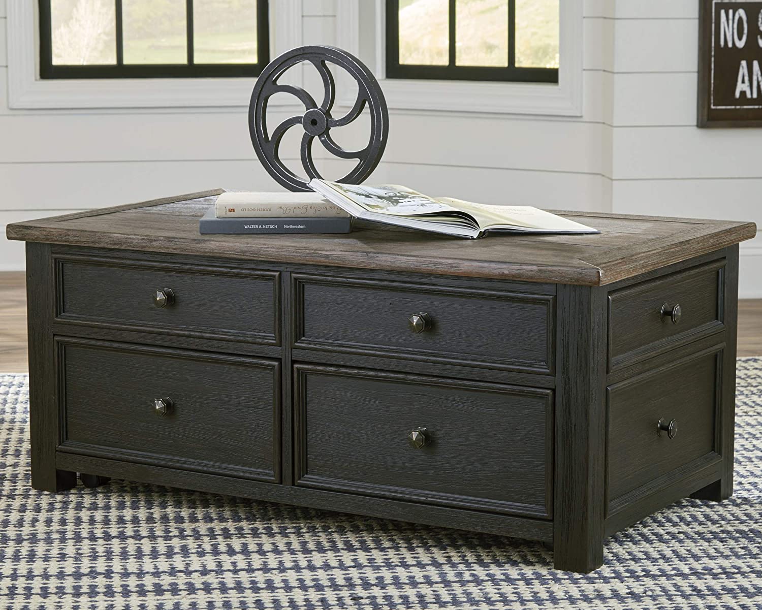 【Furniture】Rustic Rectangular Lift Top Coffee Table with 4 Storage Drawers, Dark Brown with Distressed Finish