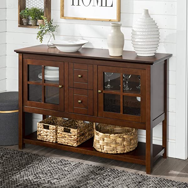 Walker Edison Charlotte Classic Glass Door Storage Buffet, 52 Inch, Espresso Espresso 52 Inch