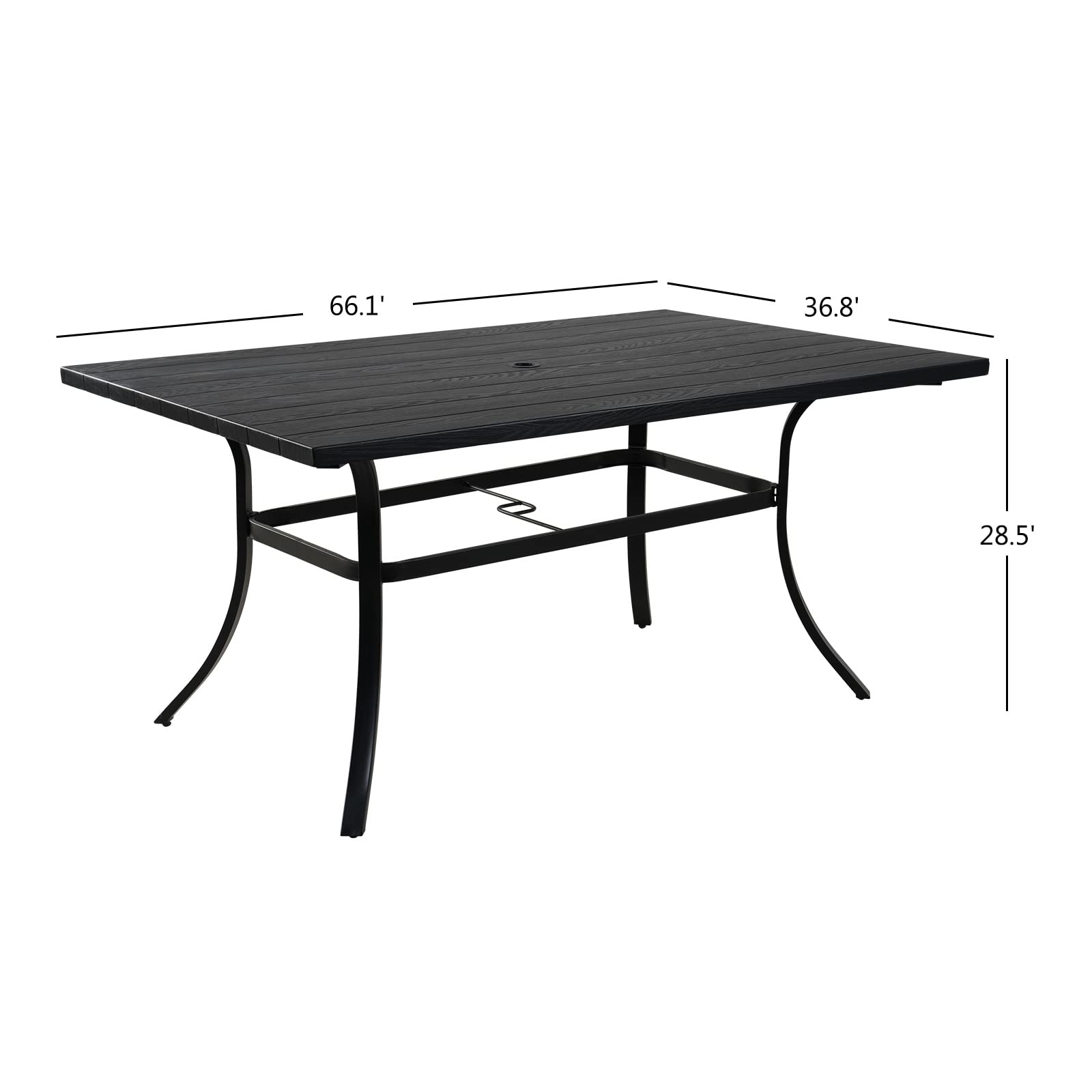 【Furniture】Outdoor 7 Pcs Dining Table Set, Modern Woodgrain-Look Metal Table & Wicker Chairs for 6
