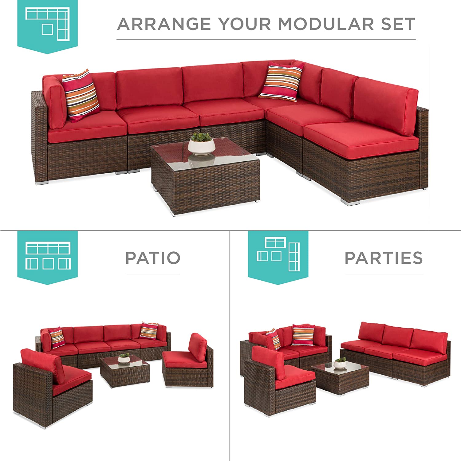 Best Choice Products 7-Piece Modular Outdoor Sectional Wicker Patio Furniture Conversation Sofa Set w/ 6 Chairs, 2 Pillows, Seat Clips, Coffee Table, Cover Included - Gray/Navy