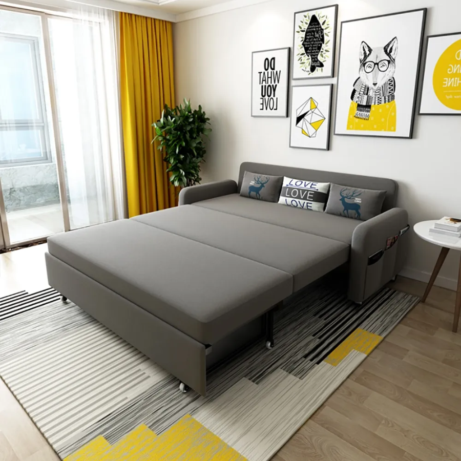 MODERN DEEP GRAY CONVERTIBLE SOFA BED FULL SLEEPER WITH STORAGE COTTON & LINEN UPHOLSTER
