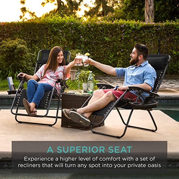 Best Choice Products Set of 2 Adjustable Steel Mesh Zero Gravity Lounge Chair Recliners w/Pillows and Cup Holder Trays - Burgundy
