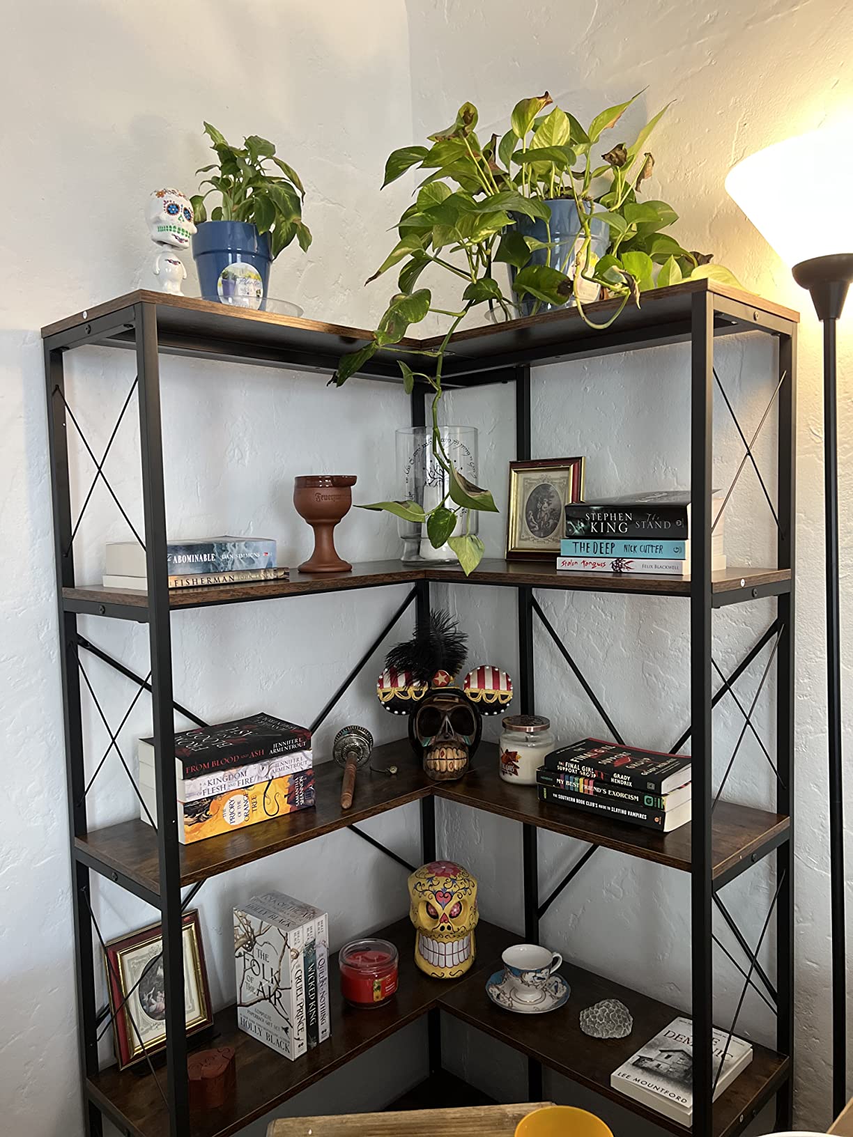 【Furniture】5-Shelf Corner Bookshelf, Large Modern Corner Bookcase, 5-Tier Tall Corner Shelf Storage Display Rack