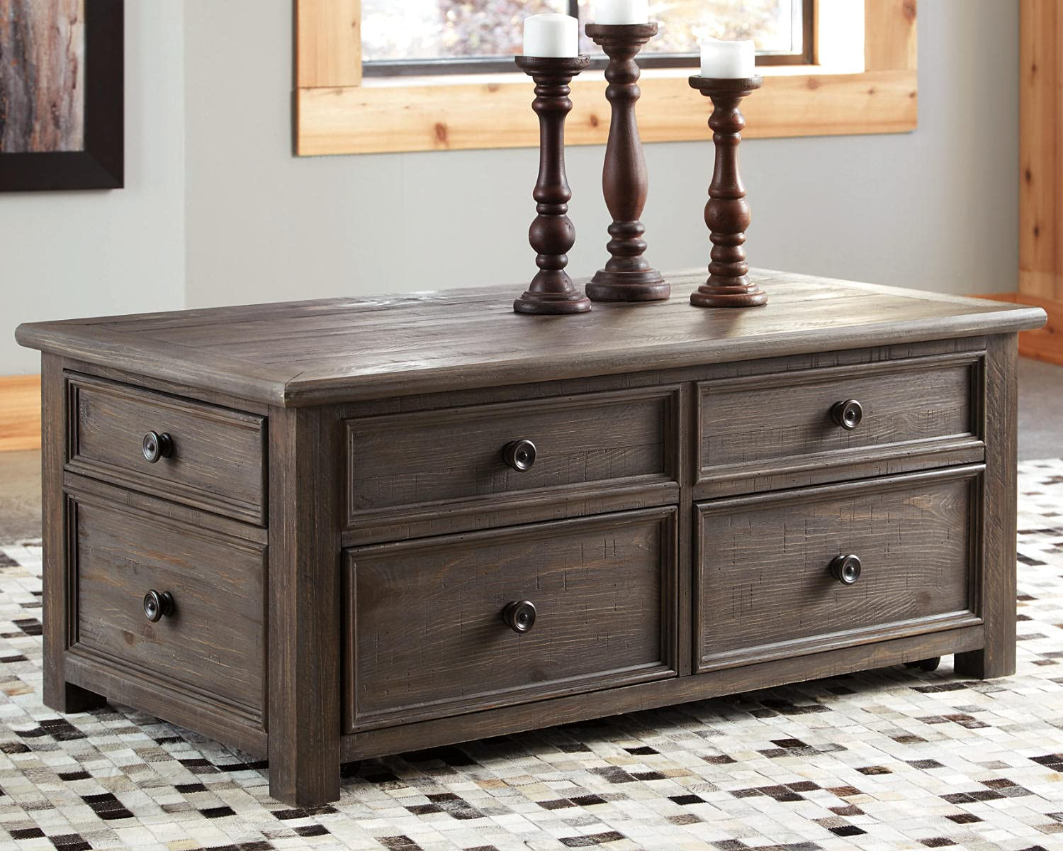 【Furniture】Rustic Rectangular Lift Top Coffee Table with 4 Storage Drawers, Dark Brown with Distressed Finish
