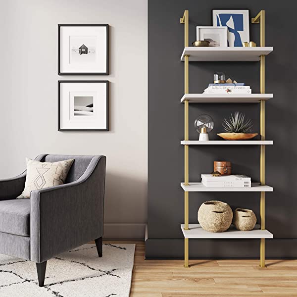 Nathan James Enloe Modern Storage, Free Standing Accent Cabinet with Doors in a Rustic Fir Wood Finish Powder-coated Metal Base for Hallway, Entryway or Living Room, White/Gold