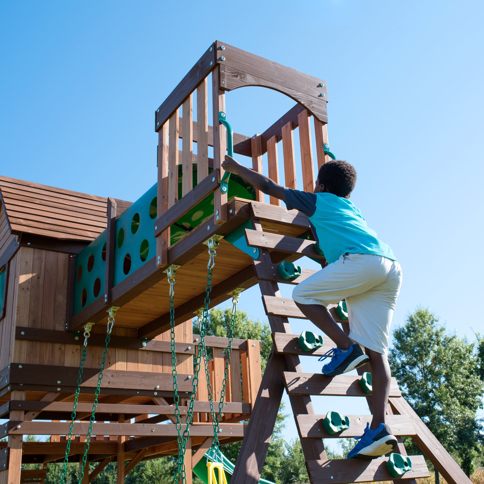 Woodridge Elite All Cedar Wood Swing Set, Upper and Lower Deck, Sandbox, Vented Tunnel