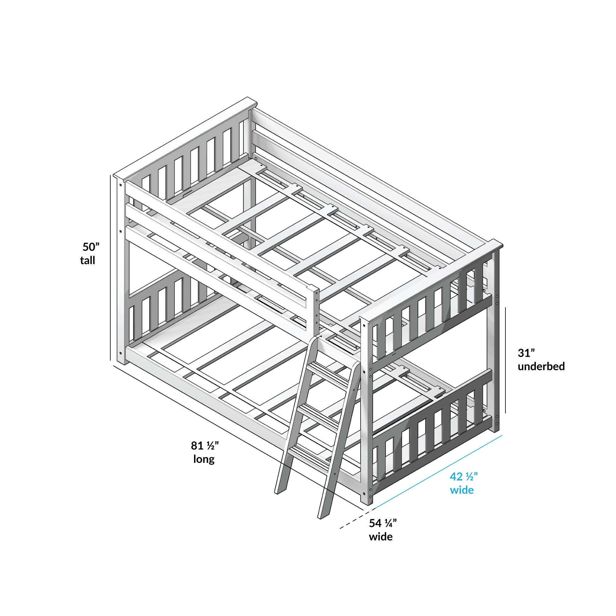 【Furniture】【BS】Low Bunk Bed, Twin-Over-Twin Bed Frame for Kids with Curtains for Bottom, Clay/Blue