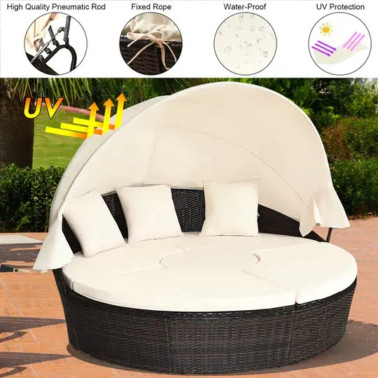 【Furniture】Costway Patio Rattan Daybed, Upholstered Sofa, Adjustable Canopy Table Top, 3 Cushions