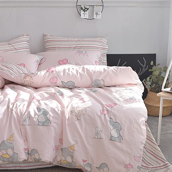 New Cartoon Animals Elephant Print Duvet Cover Sets for Kids 100% Cotton Reversible Soft 3 Pieces Kids Bedding Duvet Cover Pillowcases Kawaii Cloud Bedding Sets, Queen/Full Full/Queen (1 Duvet Cover + 2 Pillowcases) Multi A00 Elephant Bunny Balloon