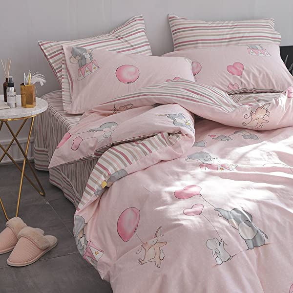 New Cartoon Animals Elephant Print Duvet Cover Sets for Kids 100% Cotton Reversible Soft 3 Pieces Kids Bedding Duvet Cover Pillowcases Kawaii Cloud Bedding Sets, Queen/Full Full/Queen (1 Duvet Cover + 2 Pillowcases) Multi A00 Elephant Bunny Balloon