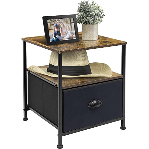 Sorbus Nightstand 1-Drawer Shelf Storage- Bedside Furniture & Accent End Table Chest for Home, Bedroom, Office, College Dorm, Steel Frame, Wood Top, Easy Pull Fabric Bins (Rustic Wood)