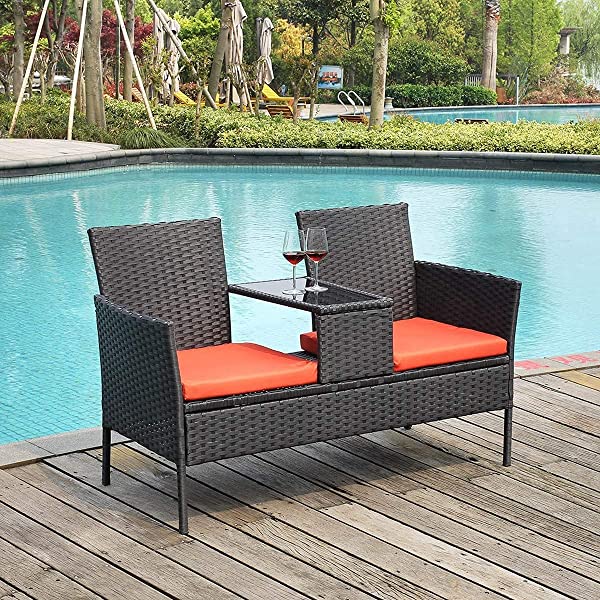 Outdoor Patio Loveseats, Patio Conversation Set with Cushions and Table, Wicker Sofa Set with Built-in Coffee Table, Tempered Glass Top, Modern Rattan Sofas for Garden Lawn Backyard Beige
