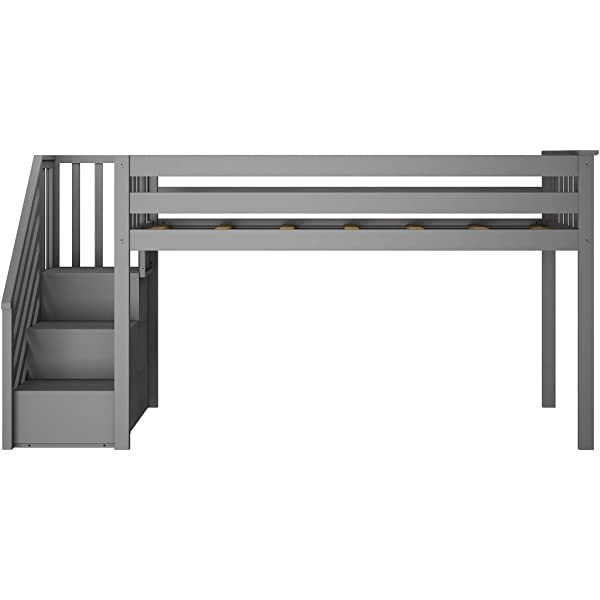 Max & Lily Twin Low Loft Bed with Staircase, White White Low Loft + Staircase Bed