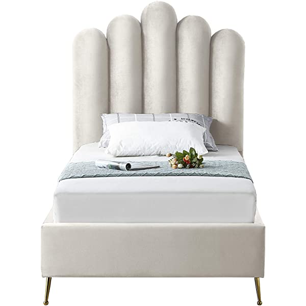 Meridian Furniture Lily Collection Modern | Contemporary Velvet Upholstered Bed with Deep Channel Tufting and Custom Gold Steel Legs, Queen, Cream Cream Queen