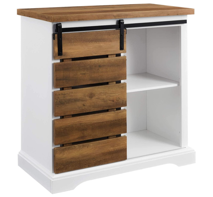 Walker Edison Willa Modern Farmhouse Sliding Single Slat Door Storage Console, 32 Inch, White and Rustic Oak