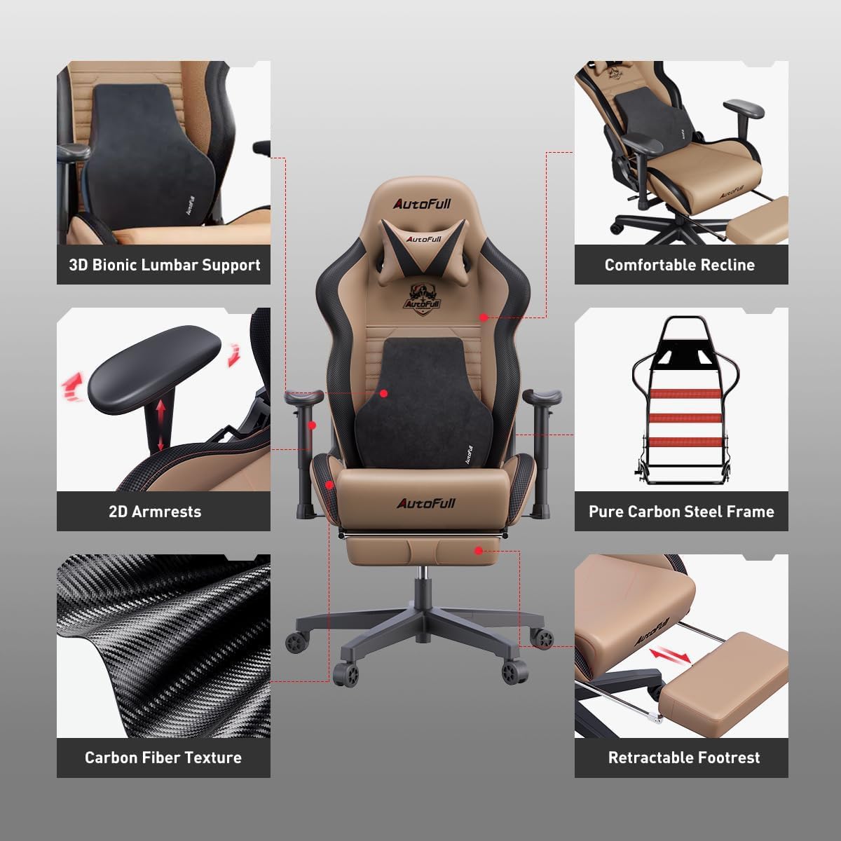 AutoFull C3 Gaming Chair Ergonomic Office Chair with 3D Bionic Lumbar Support, Racing Style Premium PU Leather Computer Chair Gamer Chairs with Footrest and Headrest(3-Years Warranty)