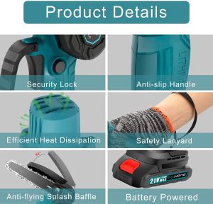 Chain saw 6 inches, with 2 batteries, cordless power chain saw, with safety lock, handheld small chainsaw