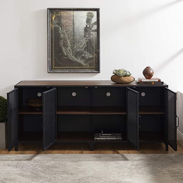 Walker Edison Malcomb Urban Industrial Metal Mesh Double Door Rolling Bar Cabinet, 33 Inch, Rustic Oak Rustic Oak 33 Inch