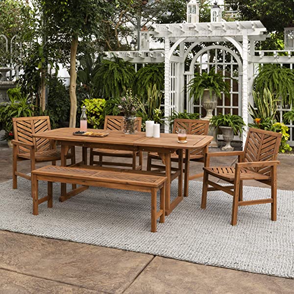 Walker Edison 5 Person Outdoor Wood Chevron Patio Furniture Dining Set Table Chairs Bench All Weather Backyard Conversation Garden Poolside Balcony, 4 Piece, Brown Brown 4 Piece Dining Set