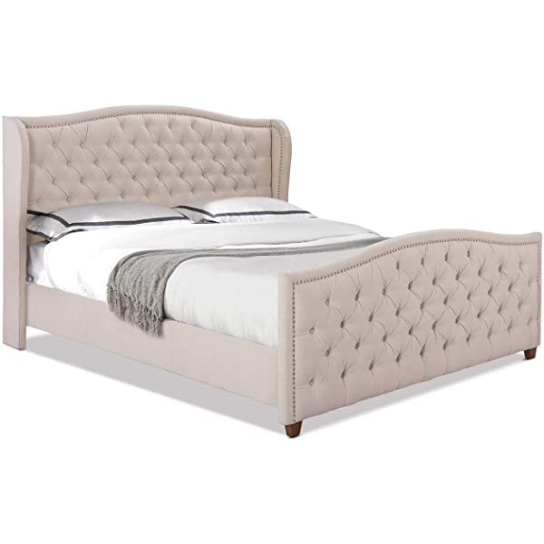 Jennifer Taylor Home Marcella Collection Queen Wingback Tufted Hand-Applied Nail Heads Upholstered Bed, Antique White Antique White Queen