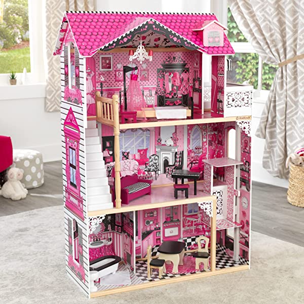 Wooden Dollhouse with Elevator, Balcony and 15-Piece Accessories, Pink, Gift for Ages 3+