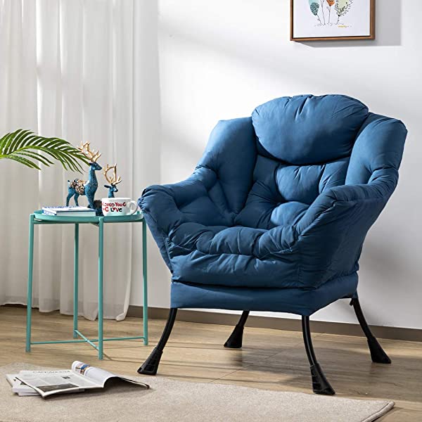 AbocoFur Modern Large Cotton Fabric Lazy Chair，Accent Contemporary Lounge Chair, Single Steel Frame Leisure Sofa Chair with Armrests and A Side Pocket, Beige