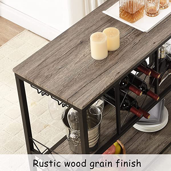 O&K FURNITURE Industrial Wine Rack Table with Glass Holder, Wine Bar Cabinet with Storage, Brown