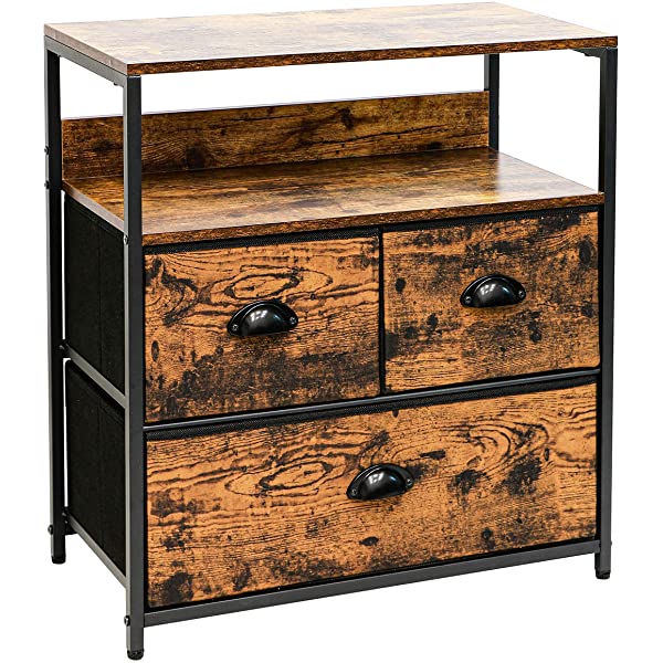 Furologee Nightstand with 3 Drawers, Dresser with Storage Shelf, Bedside Table/Closet Organizer, Rustic Fabric Linen Bins & Wooden Top for Bedroom, Hallway, Hotel (Rustic Brown)