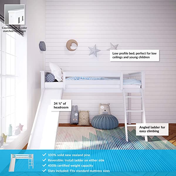 Max & Lily Twin Low Loft Bed with Staircase, White White Low Loft + Staircase Bed