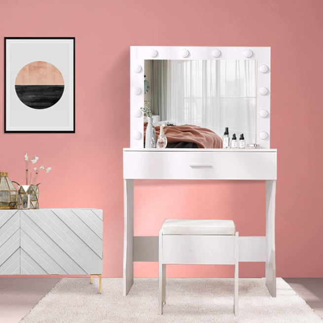 Vanity Table Set with Lighted Mirror - Makeup Vanity with Lights, Adjustable Brightness, Large Drawer Sturdy Wood Vanity, White