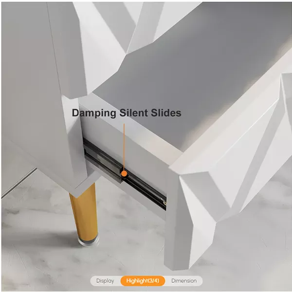 NORDIC WHITE NIGHTSTAND 3-DRAWER BEDSIDE TABLE V-SHAPED FACET & GOLD PULLS IN LARGE