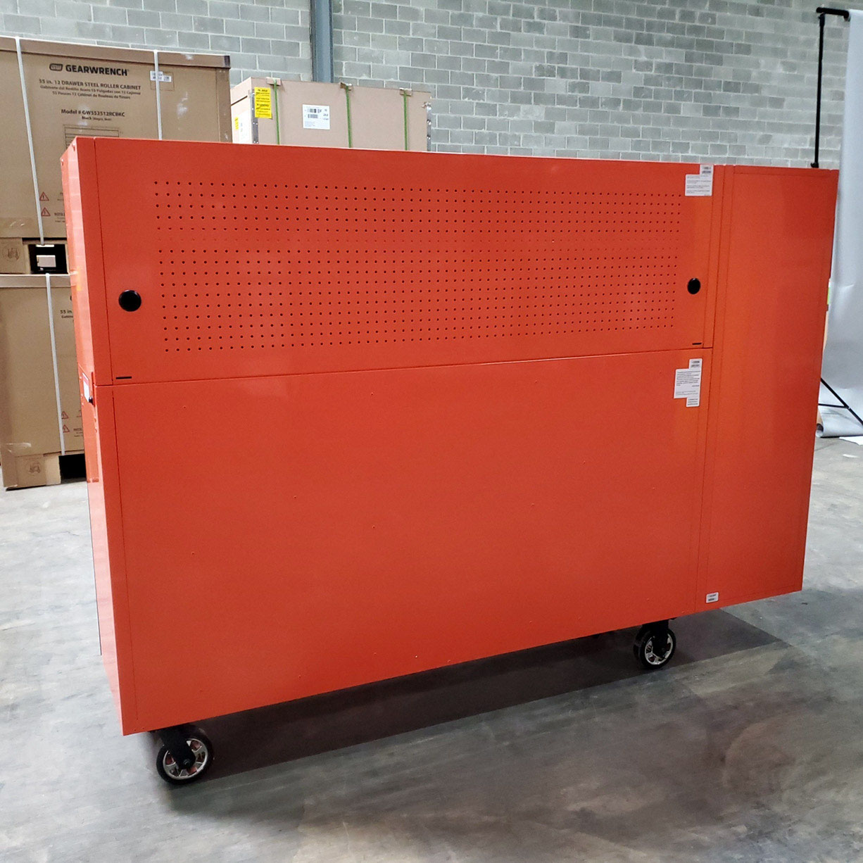 used toolboxScratch & Dent, Extreme Tools DX Series 72 x 21 Triple Bank Roller, Hutch & Side Locker Combo in Orange with Black