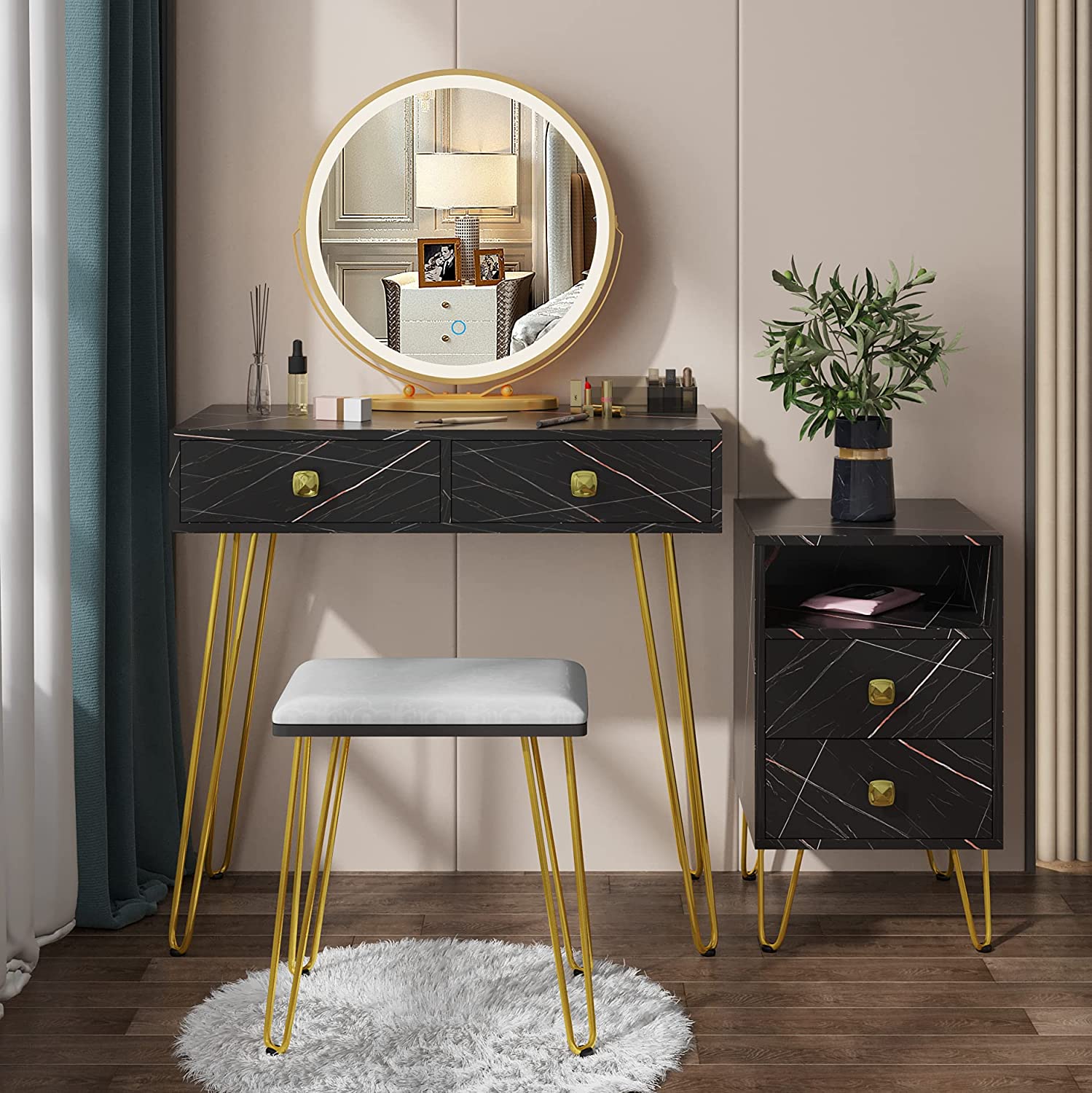 Vanity Makeup Table Set with Lighted Mirror,Makeup Vanity Dressing Table wStorage Cabinet,Cushion
