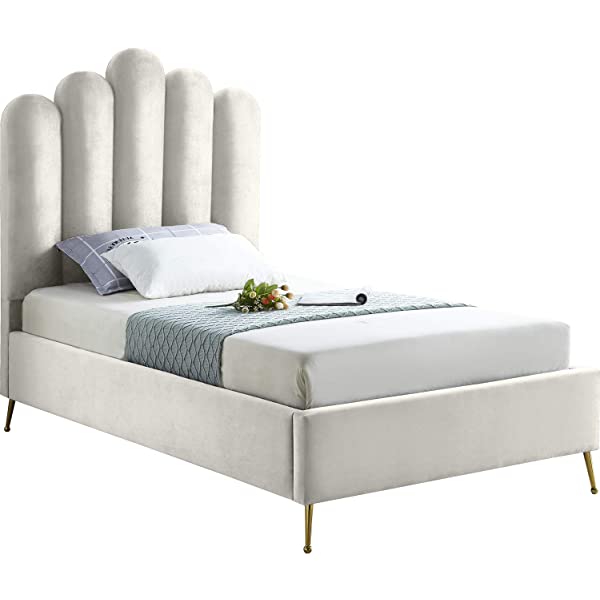 Meridian Furniture Lily Collection Modern | Contemporary Velvet Upholstered Bed with Deep Channel Tufting and Custom Gold Steel Legs, Queen, Cream Cream Queen