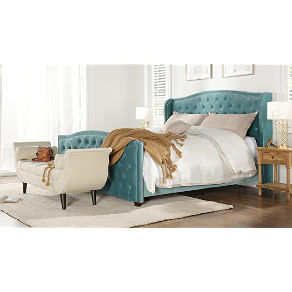 Jennifer Taylor Home Marcella Collection Queen Wingback Tufted Hand-Applied Nail Heads Upholstered Bed, Antique White Antique White Queen
