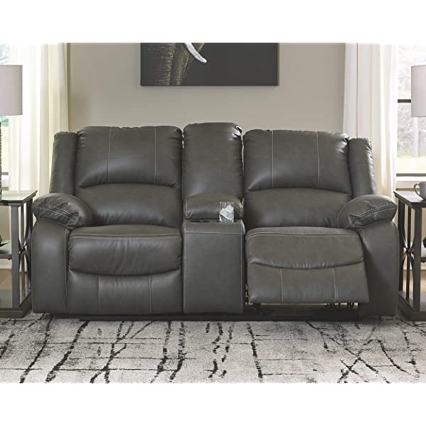 Signature Design by Ashley - Calderwell Contemporary Faux Leather Double Reclining Loveseat w/ Console - Adjustable - Gray Manual Loveseat Grey