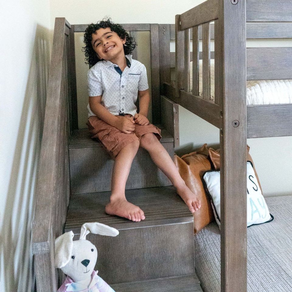 Low Bunk Bed, Twin-Over-Twin Bed Frame for Kids with Stairs & Slide, Clay