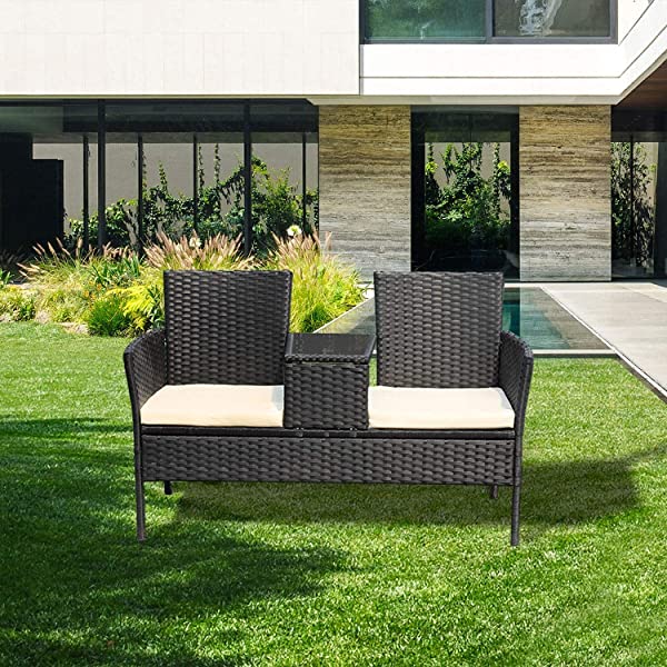 Outdoor Patio Loveseats, Patio Conversation Set with Cushions and Table, Wicker Sofa Set with Built-in Coffee Table, Tempered Glass Top, Modern Rattan Sofas for Garden Lawn Backyard Beige