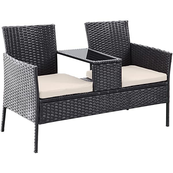 Outdoor Patio Loveseats, Patio Conversation Set with Cushions and Table, Wicker Sofa Set with Built-in Coffee Table, Tempered Glass Top, Modern Rattan Sofas for Garden Lawn Backyard Beige