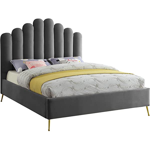 Meridian Furniture Lily Collection Modern | Contemporary Velvet Upholstered Bed with Deep Channel Tufting and Custom Gold Steel Legs, Queen, Cream Cream Queen