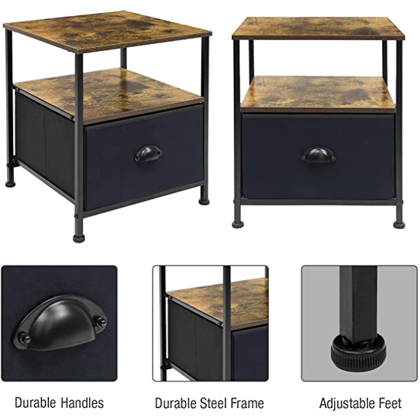 Sorbus Nightstand 1-Drawer Shelf Storage- Bedside Furniture & Accent End Table Chest for Home, Bedroom, Office, College Dorm, Steel Frame, Wood Top, Easy Pull Fabric Bins (Rustic Wood)