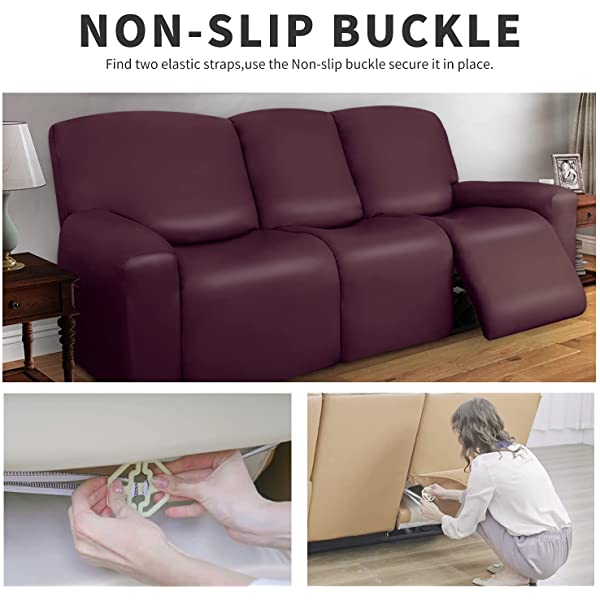 Easy-Going PU Leather Recliner Sofa Slipcovers, Waterproof Stretch Sofa Covers, 8 Pieces Stretch Furniture Protector, Elastic Strap Shield Pets Kids Children Cats Dogs Beige