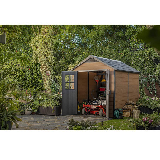 Keter Newton Outdoor Apex Double Door Garden Storage Shed 7.5 x 7ft Brown WPC Wood Look and Feel | Fade Free | All Weather Resistant | Safe and Secure | Zero Maintenance | 15 year Warranty