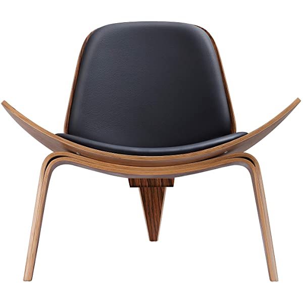 Rimdoc Three-Legged Shell Chair Mid Century Modern Lounge Chair with Black Leather Molded Plywood Accent Chair Reading Side Chair for Bedroom, Study, Office, Living Room (Black Walnut Wood)