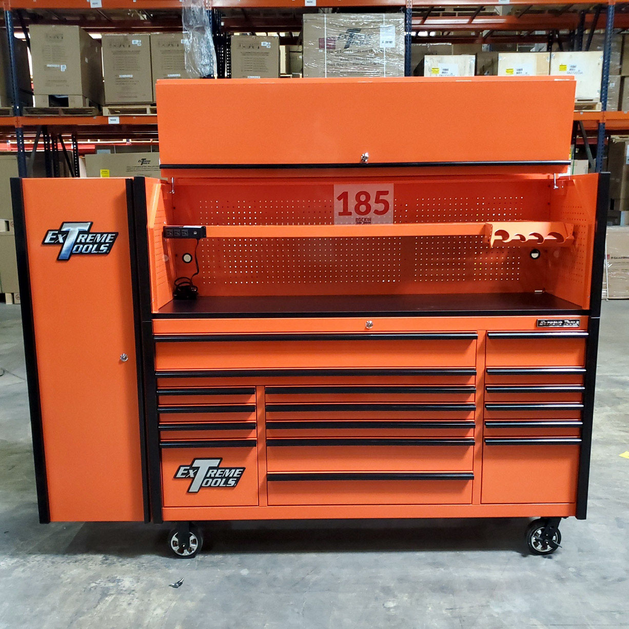 used toolboxScratch & Dent, Extreme Tools DX Series 72 x 21 Triple Bank Roller, Hutch & Side Locker Combo in Orange with Black