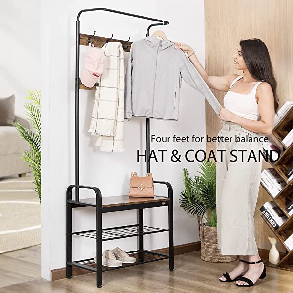 VIVOHOME 3-in-1 Entryway Hall Tree, Heavy Duty MDF Stand Coat Rack with Storage Bench, Industrial Wood Furniture with Stable Metal Frame, 8 Hooks Rustic Brown