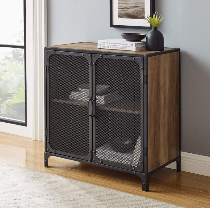 Walker Edison Malcomb industrial metal mesh storage cabinet with 2 doors, 76.2 cm, grey wash